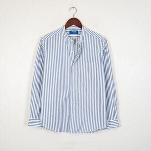 Maker's Shirt Kamakura Japan Band collar button up shirt Blue striped Medium